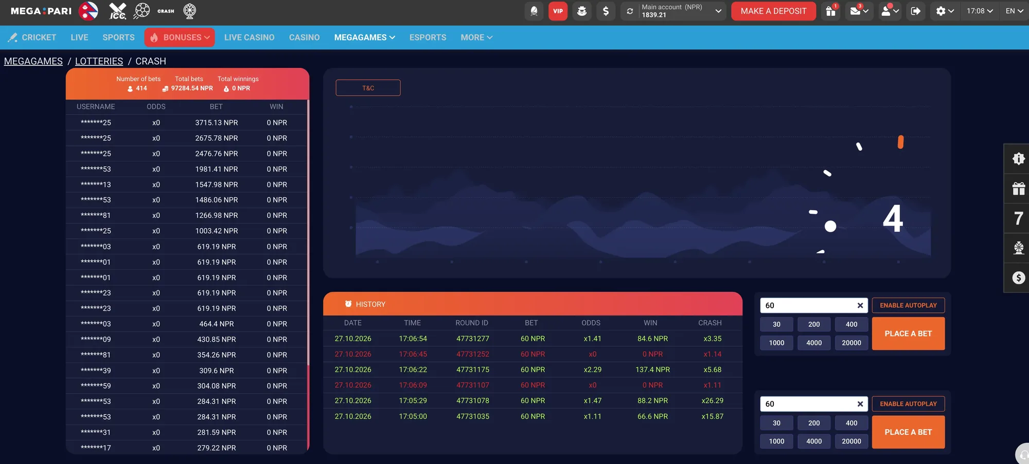 MegaPari casino review oct 2026 - Crash bet history